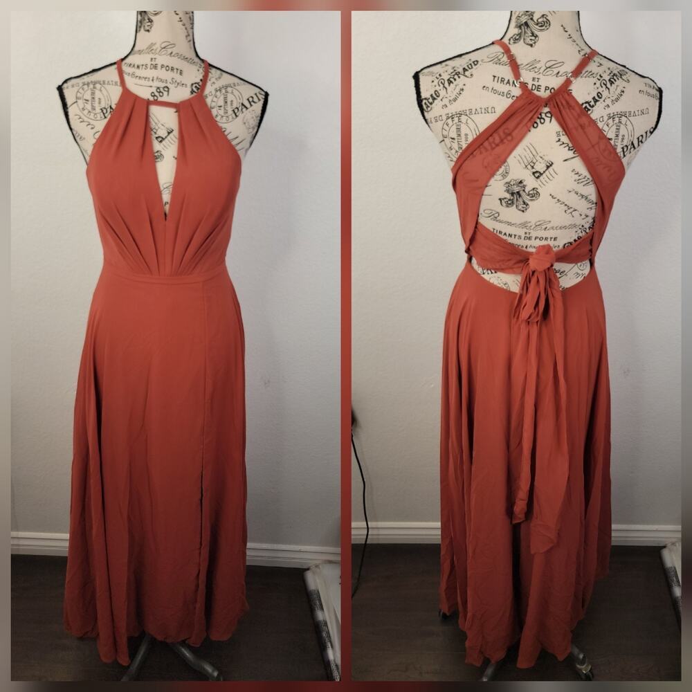 Azazie Evalleen Burnt Orange Maxi Dress SZ A0 Bridesmaid Formal Halter Gown